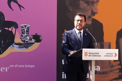 El president de la Generalitat de Cataluña, Père Aragonés, en la inauguración de las exposiciones dedicadas a Joan Fuster en el Palau Robert de Barcelona este lunes.