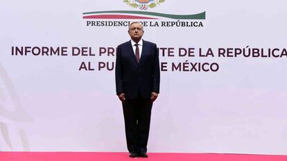 El presidente López Obrador, este domingo durante la presentación del informe.