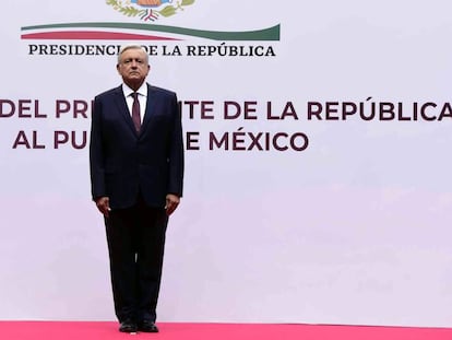 El presidente López Obrador, este domingo durante la presentación del informe.