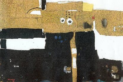 La pintura <i>Composición con dimensión perdida</i> (1957), técnica mixta sobre arpillera, de Manolo Millares (Museo Nacional Reina Sofía).