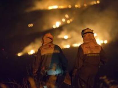 Las brigadas forestales intentan sofocar un incendio en el término municipal de la localidad madrileña de Los Santos de la Humosa. EFE/Archivo