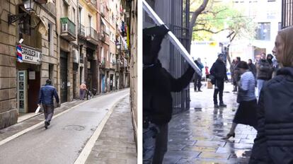 En la imagen de la izquierda, una de las calles del Raval. A la derecha, una imagen del rodaje de 'El día de mañana' en una calle barcelonesa.