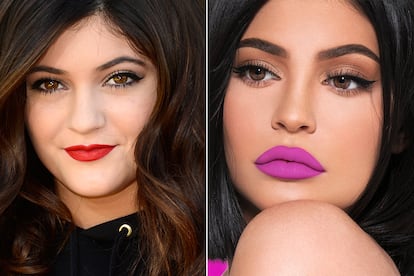 A la derecha, Kylie posa en una de las imágenes promocionales de su línea de maquillaje homónima. El contouring, las cejas maquilladas y los labios perfilados y mate son las claves de su look de belleza, el mismo que suscita exhaustivos tutoriales en YouTube para intentar imitarlo.