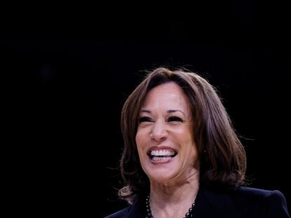 U.S. Vice President Kamala Harris reacts as she visits the currently number 1 ranked women's NCAA basketball team Gamecocks in Columbia, South Carolina, January 15, 2024.