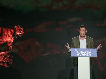 El presidente del PP de Andalucía y candidato a la Junta, Juan Manuel Moreno, en un acto organizado por el PP en Sevilla.