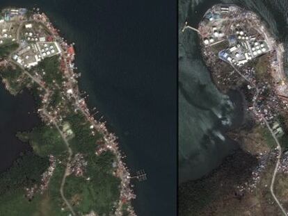 Tacloban (Filipinas) en marzo (a la izquierda) y hace una semana, tras el paso del tif&oacute;n Haiyan.