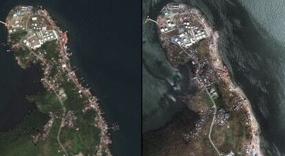 Tacloban (Filipinas) en marzo (a la izquierda) y hace una semana, tras el paso del tifón Haiyan.