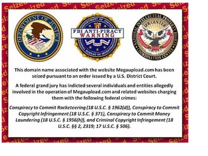 Imagen colocada por el FBI en las webs Megaupload, Megavideo y Megaporn, notificando su bloqueo.