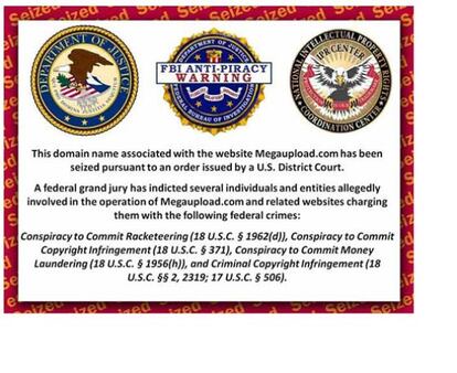 Imagen colocada por el FBI en las webs Megaupload, Megavideo y Megaporn, notificando su bloqueo.