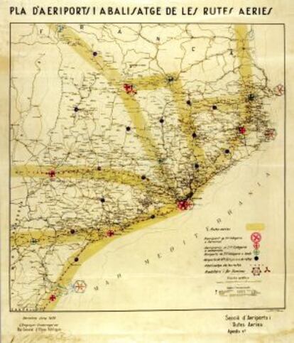 Mapa del Pla d'Obres que recull el pla d'aeroports que es va acabar de concretar el juny de 1936.