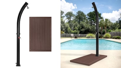 Ducha solar para jardín y piscina con panel de suelo color marrón y muy estable ideal para el verano
