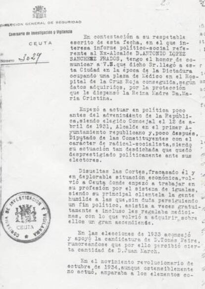 Informe de la Comisaría de Investigación y Vigilancia sobre las actividades políticas del alcalde.