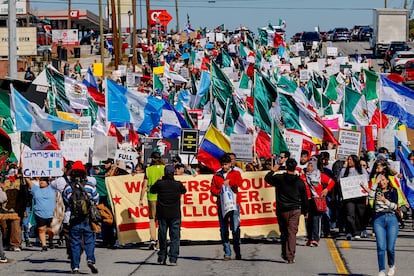 Thousands of people march along Buford Highway during a protest against the Trump administration's immigration and deportation sweeps against undocumented aliens in Atlanta, Georgia