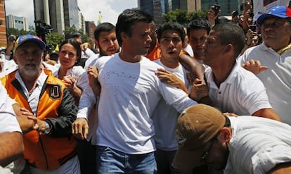 Leopoldo L&oacute;pez, en una manifestaci&oacute;n el 18 de febrero.