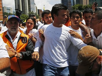 Leopoldo L&oacute;pez, en una manifestaci&oacute;n el 18 de febrero.