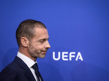 El presidente de la UEFA, Aleksander Ceferin, en una rueda de prensa del pasado 7 de abril.