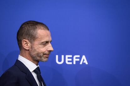 El presidente de la UEFA, Aleksander Ceferin, en una rueda de prensa del pasado 7 de abril.