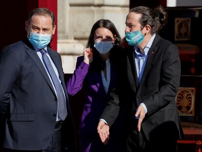 Los ministros José Luis Ábalos e Irene Montero y el vicepresidente segundo Pablo Iglesias, en una imagen del pasado 12 de octubre.