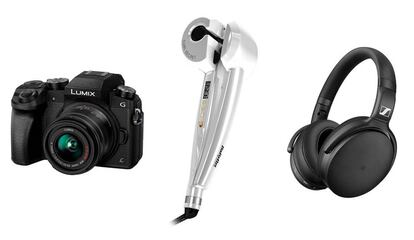 La cámara Lumix, el rizador BaByliss y los auriculares Sennheiser HD 4.50 son tres de los productos en oferta.