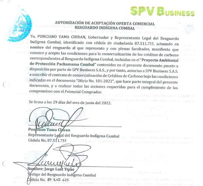 Un pantallazo de la carta del gobernador Ponciano Yamá aceptando una oferta comercial para la compra de bonos fue la primera alerta del proyecto de carbono.