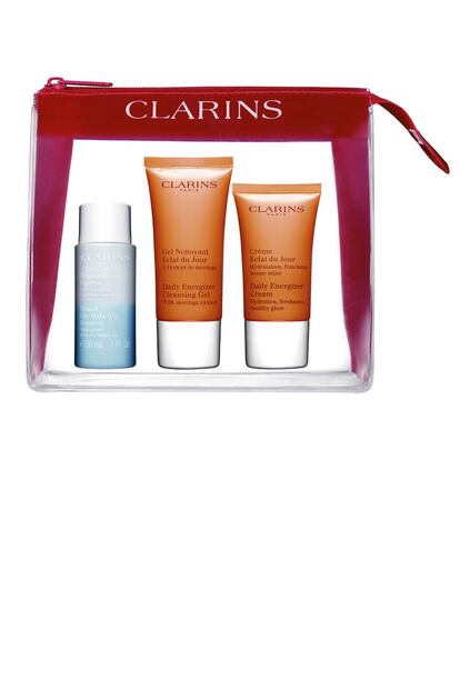 Set de viaje de Clarins. Incluye desmaquillante, gel limpiador y crema hidratante (c.p.v.)