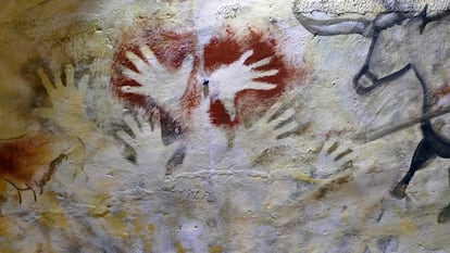 The painted hands in the Lascaux cave.