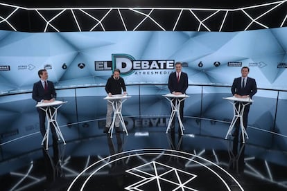 Pablo Casado, Pablo Iglesias, Pedro Sánchez y Albert Rivera, en el segundo de los dos debates de las elecciones generales del 28 de abril, organizado por Atresmedia.