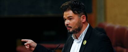 Gabriel Rufián, portavoz de ERC en el Congreso de los Diputados, durante su intervención en el debate de investidura.