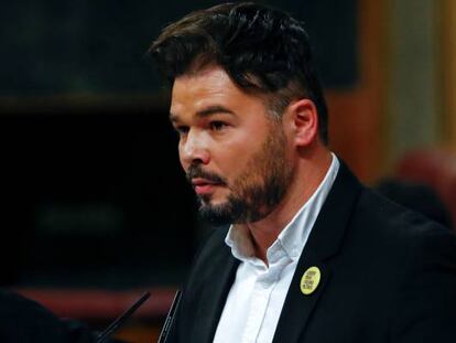 Gabriel Rufián, portavoz de ERC en el Congreso de los Diputados, durante su intervención en el debate de investidura. 