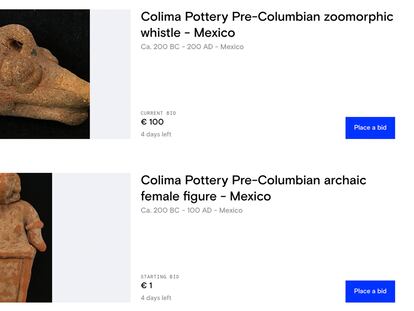 A screenshot of pre-Hispanic pieces that are scheduled to be auctioned on catawiki.com.