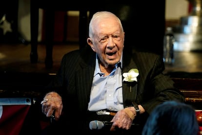 Jimmy Carter speaks during a reception to celebrate his 75th wedding anniversary in Plains, Georgia, July 10, 2021.