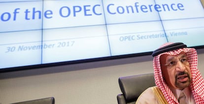 El ministro saudí de Energía e Industria, Khalid al Falih, en la 173 reunión de la Organización de Países Exportadores de Petróleo (OPEP) celebrada en Viena (Austria).