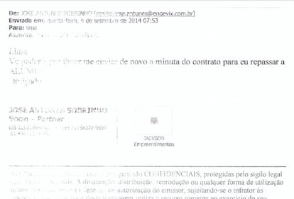 E-mail supostamente enviado pelo empresário José Antunes Sobrinho ao coronel Lima com o texto seguinte: "Lima, vc poderia por favor me enviar de novo a minuta do contrato para eu repassar a ALUMI. Obrigado".