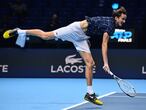 Russia's Daniil Medvedev serves to Argentina's Diego Schwartzman in their men's singles round-robin match on day six of the ATP World Tour Finals tennis tournament at the O2 Arena in London on November 20, 2020. (Photo by Glyn KIRK / AFP)