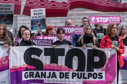 Protestas ante el Congreso de los Diputados por la construcción de una granja de pulpos en Gran Canaria.