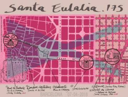 Mapa del recorrido de la performance de Miralda. Se ha cambiado la fecha del 7 al 6 de abril por el tiempo.