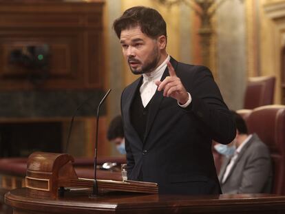 El portavoz de ERC, Gabriel Rufián, este jueves durante su intervención en el Congreso de los Diputados.