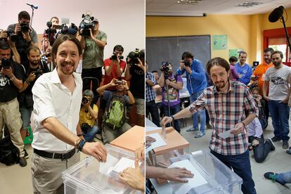 Pablo Iglesias. También apuesta por la camisa y transmite un mensaje con su forma de llevarla, de lo más revolucionario a un estilismo más pulido que subraya la moderación de su mensaje. Un año separa estas dos imágenes: en las municipales y regionales de 2015, con una camisa de cuadros por fuera del pantalón, y en las de 2016 de blanco, mucho más formal con la camisa por dentro.