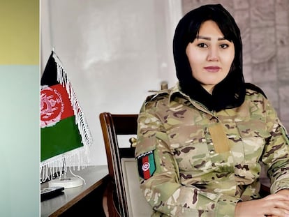 La policía Razia Hakimi retratada estos días en Islamabad (Pakistán) y, a la derecha, en Kabul en una foto cedida de su archivo.