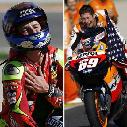 Jorge Lorenzo, a la izquierda, y el estadounidense Nicky Hayden lloran tras lograr sus títulos mundiales en Cheste.