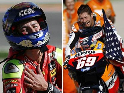 Jorge Lorenzo, a la izquierda, y el estadounidense Nicky Hayden lloran tras lograr sus títulos mundiales en Cheste.