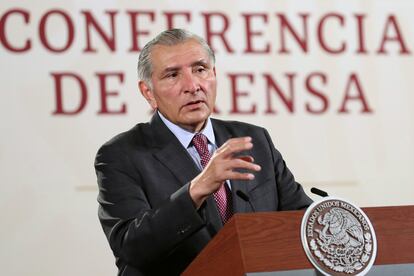 El secretario de Gobernación, Adán Augusto López, durante la conferencia matutina de Presidencia de este miércoles.