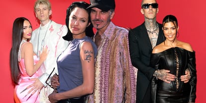 Parejas como Meghan Fox y Machine Gun Kelly (izquierda) y Travis Karker y Kourtney Kardashian (derecha) practican excentricidades tenebrosas que recuerdan a las de Angelina Jolie y Billy Bob Thornton a principios de los 2000.