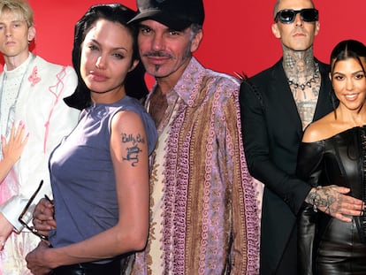 Parejas como Meghan Fox y Machine Gun Kelly (izquierda) y Travis Karker y Kourtney Kardashian (derecha) practican excentricidades tenebrosas que recuerdan a las de Angelina Jolie y Billy Bob Thornton a principios de los 2000.