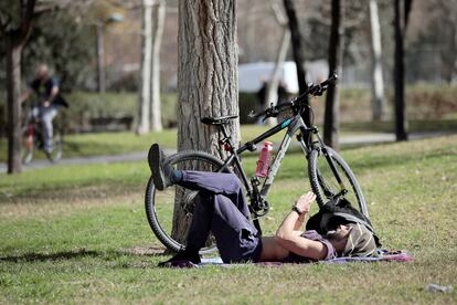 Un ciclista toma el sol en el antiguo cauce del río Turia, en Valencia, a más de 20 grados el pasado 16 de febrero.