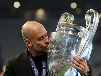 Pep Guardiola celebra la Champions League del Manchester City.