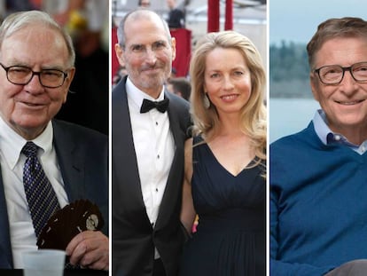 De izquierda a derecha: Warren Buffett, Steve y Lauren Jobs y Bill Gates.