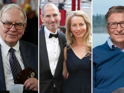 De izquierda a derecha: Warren Buffett, Steve y Lauren Jobs y Bill Gates.