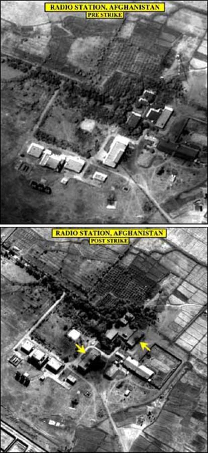 UNA ESTACIÓN DE RADIO ANTES Y DESPUÉS DE LOS BOMBARDEOS SOBRE AFGANISTÁN. El Departamento de Defensa de Estados Unidos hizo públicas ayer estas dos fotos satélite sin fecha en las que se muestra una estación de radio en algún punto de Afganistán antes y después de los bombardeos. Los ataques norteamericanos tienen por objetivo destruir cualquier medio que sirva de apoyo o cobertura a la organización Al Qaeda, del saudí Osama Bin Laden, así como acabar con los medios militares del régimen talibán que da cobijo a los terroristas del grupo.