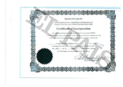 Certificado de una sociedad en Belice vinculada a los padres del exministro de Panamá Demetrio Papadimitriu.